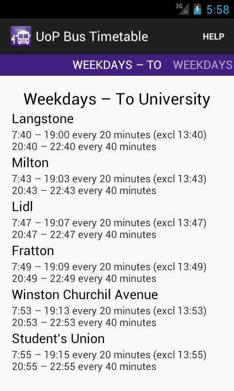 UoP Bus Timetable